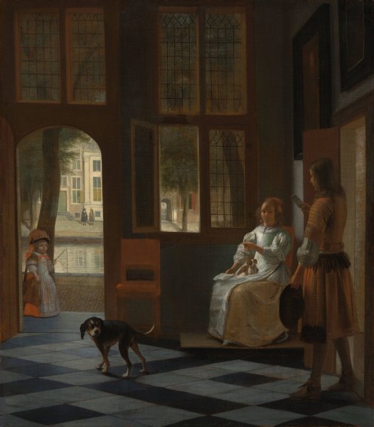 Man Handing a Letter to a Woman in the Entrance Hall of a House  by Pieter De Hooch - Hand-Painted Oil Painting Reproduction