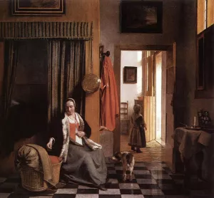 Mother Lacing Her Bodice beside a Cradle by Pieter De Hooch - Oil Painting Reproduction