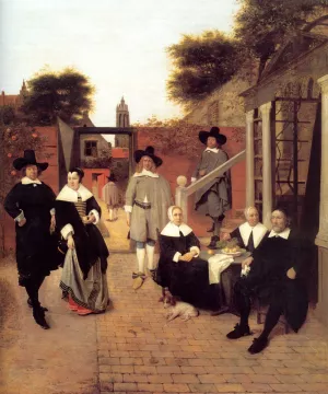 Portrait of a Family in a Courtyard in Delft by Pieter De Hooch Oil Painting