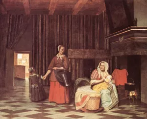 Suckling Mother and Maid by Pieter De Hooch - Oil Painting Reproduction