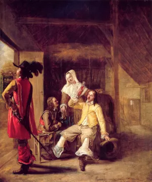Two Soldiers and a Serving Woman with a Trumpeter painting by Pieter De Hooch