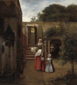 Woman and Child in a Courtyard by Pieter De Hooch Oil Painting