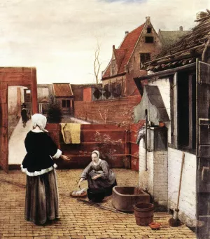 Woman and Maid in a Courtyard by Pieter De Hooch - Oil Painting Reproduction