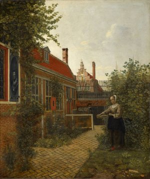 Woman with a Basket of Beans in a Kitchen Garden by Pieter De Hooch Oil Painting
