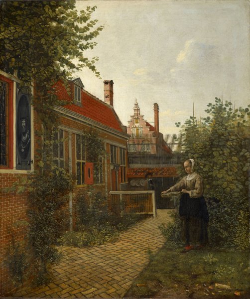 Woman with a Basket of Beans in a Kitchen Garden  by Pieter De Hooch - Hand-Painted Oil Painting Reproduction