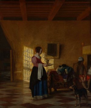 Woman with a Water Pitcher, and a Man by a Bed by Pieter De Hooch Oil Painting
