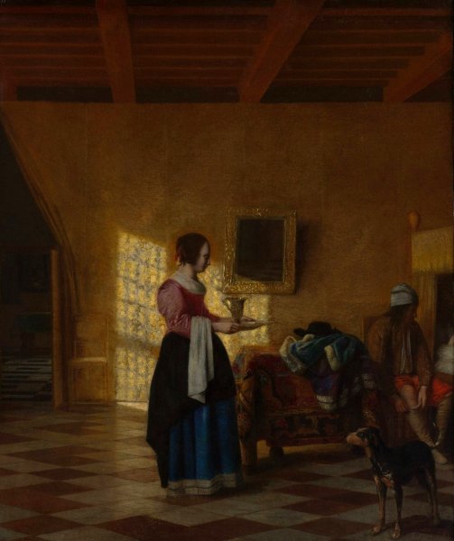 Woman with a Water Pitcher, and a Man by a Bed  by Pieter De Hooch - Hand-Painted Oil Painting Reproduction