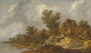 A river landscape with a ferry and fisherfolk, a carriage on a bridge near houses to the right by Pieter De Molijn Oil Painting