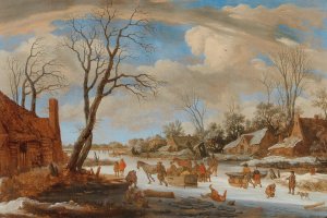 A winter landscape with travellers and other figures on ice by Pieter De Molijn Oil Painting