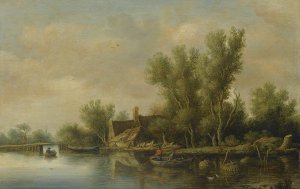 A River Estuary With Two Peasants Fishing In A Rowing Boat Near A Farmhouse by Pieter De Neyn Oil Painting