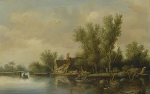 A River Estuary With Two Peasants Fishing In A Rowing Boat Near A Farmhouse by Pieter De Neyn Oil Painting