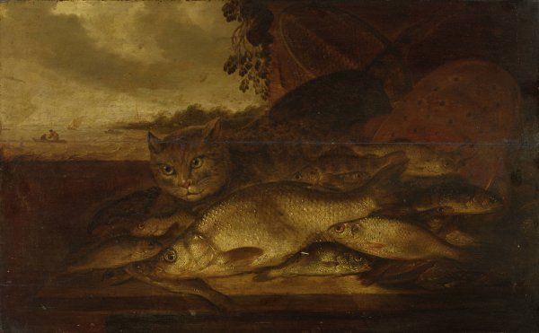 Still Life; Cat with Fish by Pieter De Putter - Hand-Painted Oil Painting Reproduction