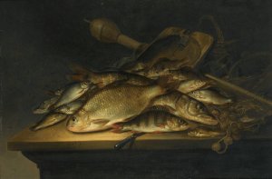 Still Life With Fish, Nets, Fishing Equipment And A Knife On A Table by Pieter De Putter Oil Painting
