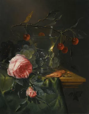 A Still Life With A Cherry Branch Over A Half-Full Conical Roemer, Red And Green Grapes by Pieter De Ring Oil Painting