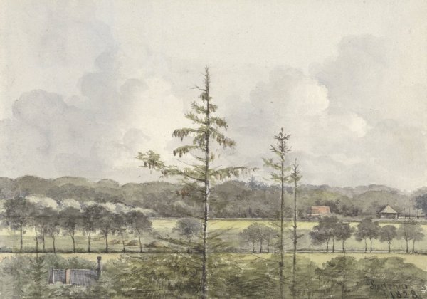 Vergezicht van weilanden met boerderijen  by Pieter Ernst Hendrik Praetorius - Hand-Painted Oil Painting Reproduction
