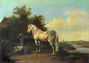 A Grey Horse and a Goat in a River Landscape
