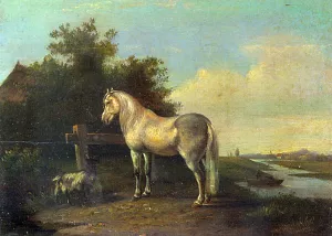 A Grey Horse and a Goat in a River Landscape Oil painting by Pieter Frederik Van Os