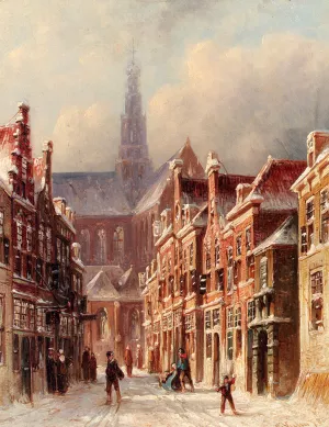 A Snowy Street With The St. Bavo Beyond, Haarlem