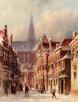 A Snowy Street With The St. Bavo Beyond, Haarlem painting by Pieter Gerard Vertin