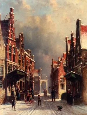 A Town View In Winter With Figures Conversing On Porches And Children Throwing Snowballs Oil painting by Pieter Gerard Vertin