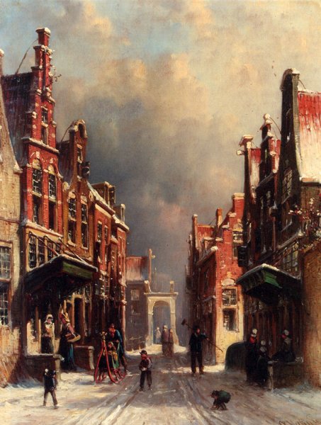 A Town View In Winter With Figures Conversing On Porches And Children Throwing Snowballs