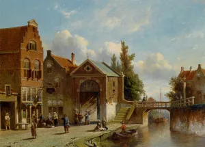 Figures in the Quay of a Dutch Town by Pieter Gerard Vertin - Oil Painting Reproduction