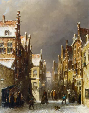 Figures in the Snow Covered Streets of a Dutch Town by Pieter Gerard Vertin Oil Painting