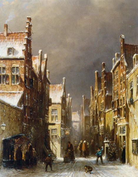 Main Product Photo of Figures in the Snow Covered Streets of a Dutch Town Painting by Pieter Gerard Vertin