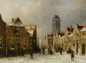Figures in the Streets of a Snow Covered Dutch Town Oil painting by Pieter Gerard Vertin
