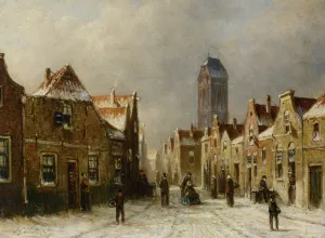 Figures in the Streets of a Snow Covered Dutch Town by Pieter Gerard Vertin Oil Painting