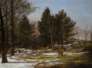 A Wooded Winter Landscape With Deer by Pieter Gerardus Van Os Oil Painting