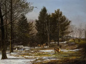 A Wooded Winter Landscape With Deer Oil painting by Pieter Gerardus Van Os