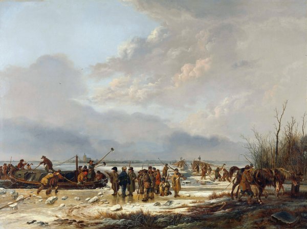 Main Product Photo of Breaking the Ice on the Karnemelksloot, Naarden, January 1814  Painting by Pieter Gerardus Van Os