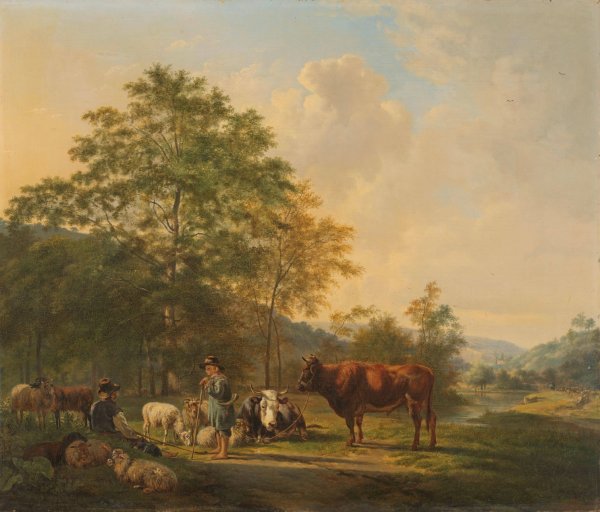 Main Product Photo of Hilly Landscape with Shepherd, Drover and Cattle  Painting by Pieter Gerardus Van Os