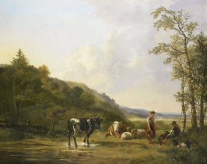 Landscape with Herdsmen and Cattle by Pieter Gerardus Van Os Oil Painting