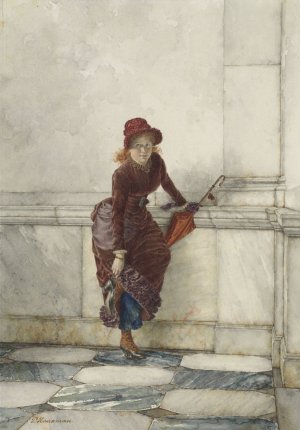 Staande jonge vrouw, tegen muur geleund by Pieter Haaxman Oil Painting