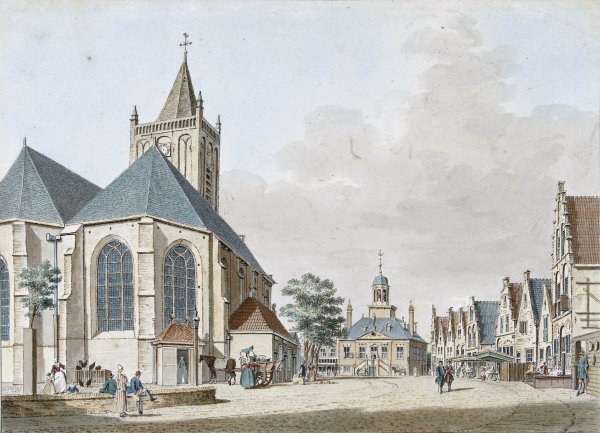 Main Product Photo of De markt te Vlaardingen met de kerk en het stadhuis  Painting by Pieter Jan Van Liender