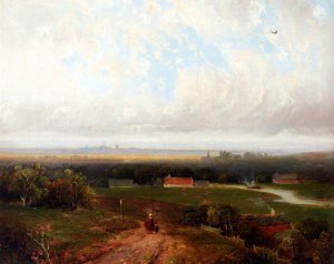 A Panoramic View Of Haaelem With Figures On A Track In Kraantje Lek In The Foreground Oil painting by Pieter Lodewijk Francisco Kluyver