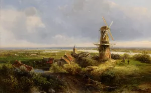 A Windmill in an Extensive Landscape painting by Pieter Lodewijk Francisco Kluyver