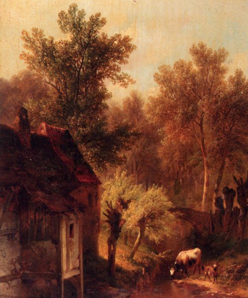 Main Product Photo of A Wooded Landscape with Cattle and a Cottage Along a Brook Painting by Pieter Lodewijk Kuhnen