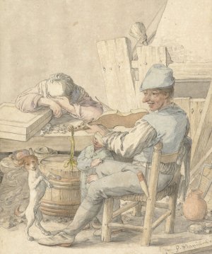 Interieur met vioolspelende man, slapende vrouw en dansende hond by Pieter Moninckx Oil Painting