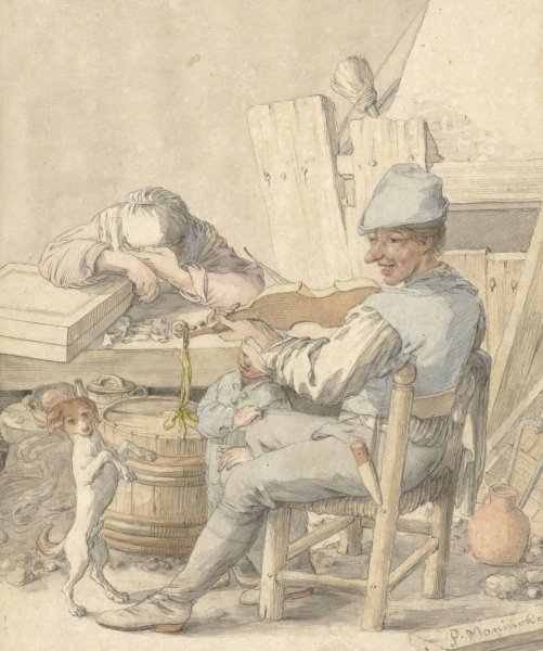 Main Product Photo of Interieur met vioolspelende man, slapende vrouw en dansende hond  Painting by Pieter Moninckx