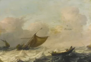 Fishing And Rowing Boats Among Choppy Waters by Pieter Mulier The Elder Oil Painting