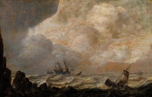 Ships near the coast on a rough sea by Pieter Mulier The Elder Oil Painting