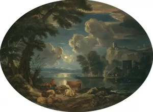 A Moonlit Scene With A Shepherd And Shepherdess Resting With Their Herd Beside A Lake by Pieter Mulier The Younger Oil Painting