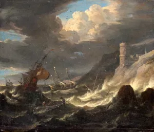 Shipping off a Rocky Coast in Storm by Pieter Mulier The Younger - Oil Painting Reproduction