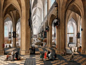 A church interior with elegant figures strolling and figures attending mass by Pieter Neeffs The Elder Oil Painting