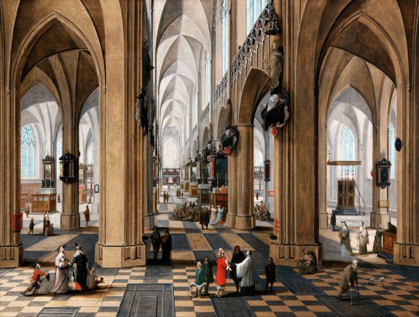 Main Product Photo of A church interior with elegant figures strolling and figures attending mass  Painting by Pieter Neeffs The Elder
