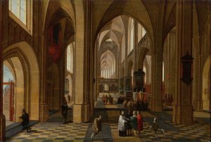 Interior of a Gothic cathedral by Pieter Neeffs The Elder Oil Painting