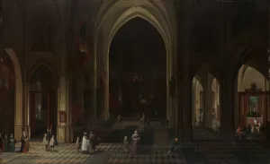 Interior of a Gothic Church at Night Looking East by Pieter Neeffs The Elder Oil Painting